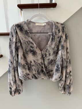 Astr Black & White Tie-Dye Wrap-Front Blouse
